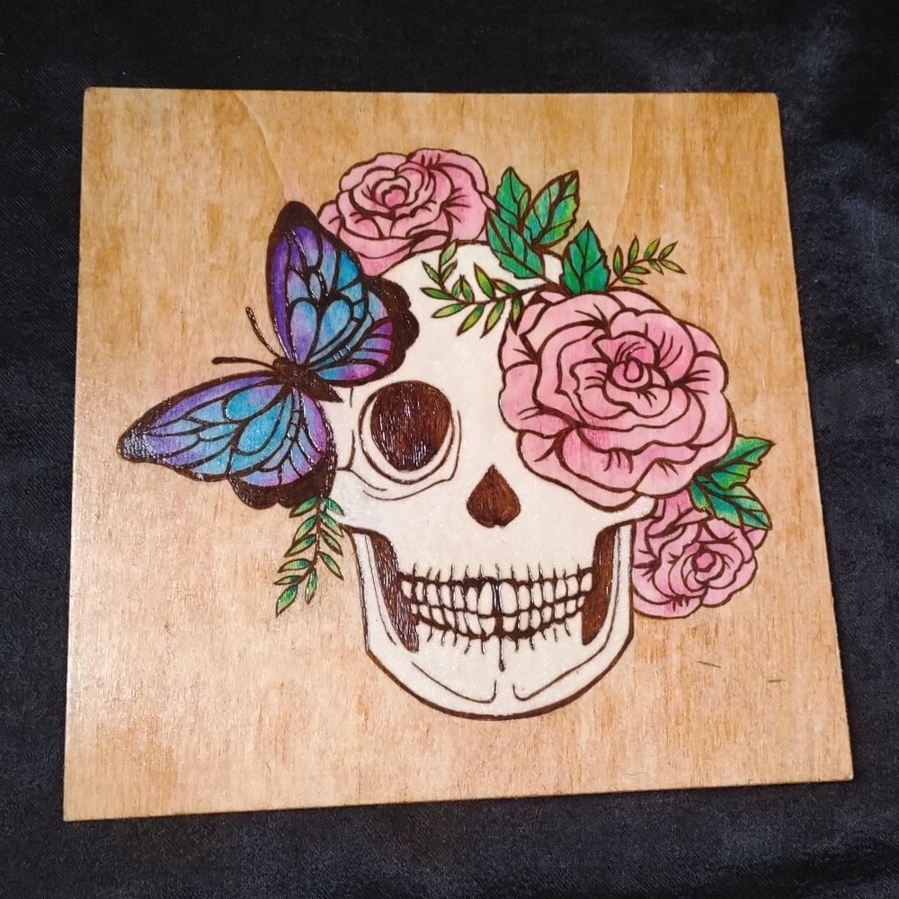 Hand burned Butterfly Skull Glow in the Dark Pyrography Art